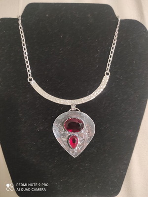 Ethnic Silver Necklace with Garnet Stone New, 40 cm Chain