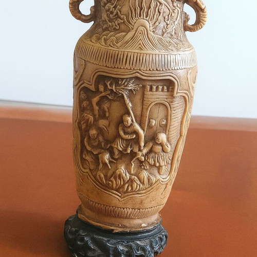 Vintage Oriental Vase with Relief Scenes and Elephant Handles like New