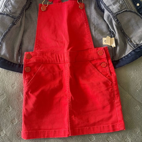 Children's clothing set like new, coral dress and embroidered denim jacket