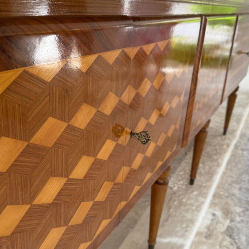 Vintage wooden buffet with marquetry used, 252 cm