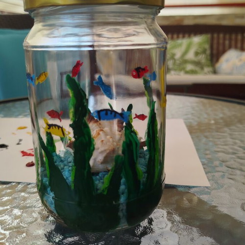 Decorative vase with painted underwater scene and real shell, new