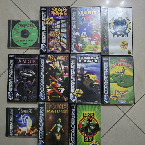Sega Saturn PAL collection used with 11 games, console, controllers, and cables
