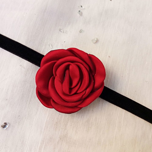 Black velvet choker with large red fabric flower new