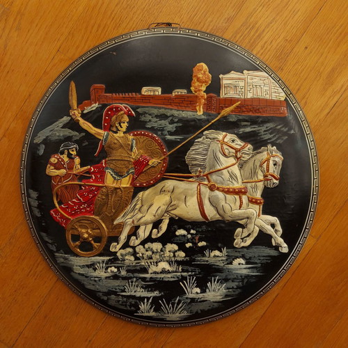 Antique collectible wall plate 42cm used, terracotta majolica Achilles Hector Troy