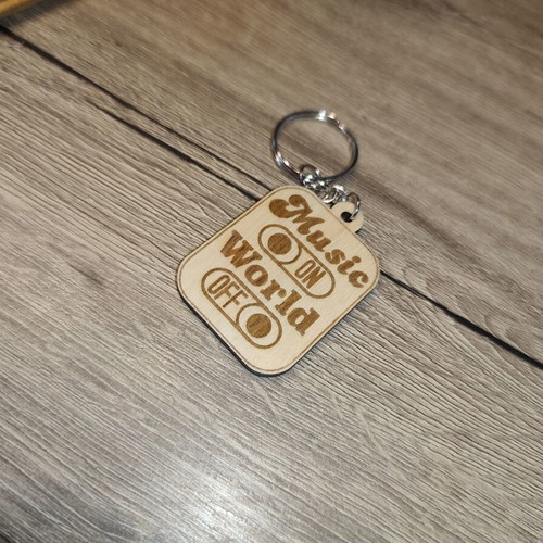 Wooden keychain Music ON / World OFF with personalized engraving