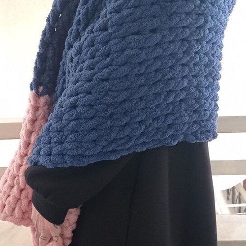 Handmade scarf with Alize Puffy yarn in blue and pink, made to order