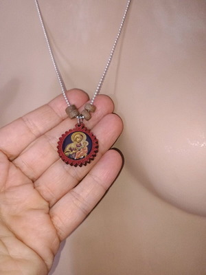 Necklace with wooden pendant of Virgin Mary and Jesus Christ new