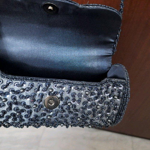 Evening barrel bag with strass like new, sky blue