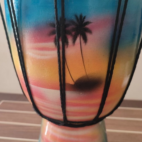 Wooden handmade djembe used, hand-painted tropical design 30x28 cm
