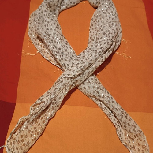 Square beige scarf like new with brown pattern and silver thread