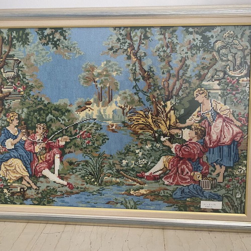 Gobelin tapestry painting 90x65cm, handmade, romantic French countryside scene