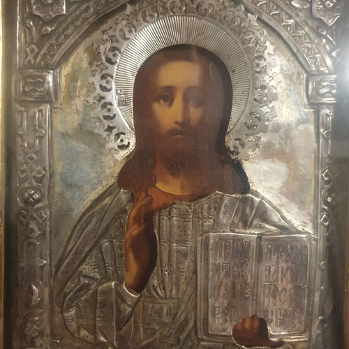 Old Russian Jesus Icon used in wooden frame with glass