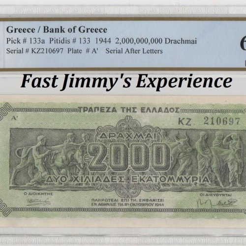 1944 Greece PCGS Certified 2,000,000,000 Drachmai Banknote Choice UNC 63