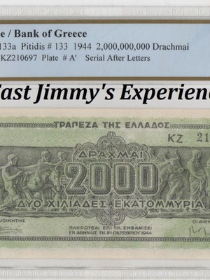1944 Greece PCGS Certified 2,000,000,000 Drachmai Banknote Choice UNC 63