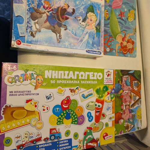 Puzzle and board game for toddlers used, Frozen and mermaid puzzles