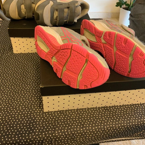 Nike and Asics athletic shoes used, size 33.5, gray with pink details