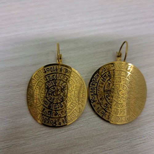 Steel earrings new, gold-colored Phaistos disc design