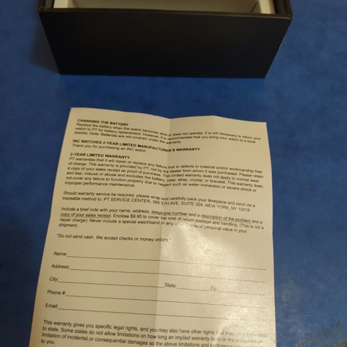 INC watch unused with box and certificate, men's black