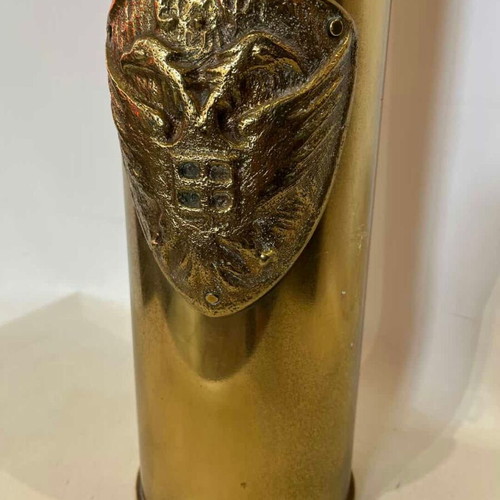 Antique handmade brass floor ashtray from shell with door and emblem 52x13