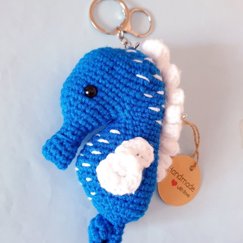 Seahorse Crochet Charm Keychain Blue New