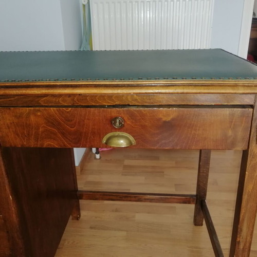 Vintage wooden desk used, walnut color with intact leather surface