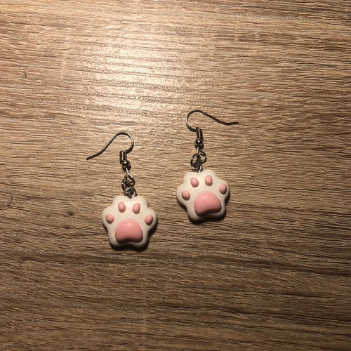 Handmade paw earrings new, white and pink