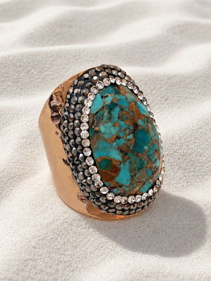 Steel ring new with turquoise, zircon and marcasite