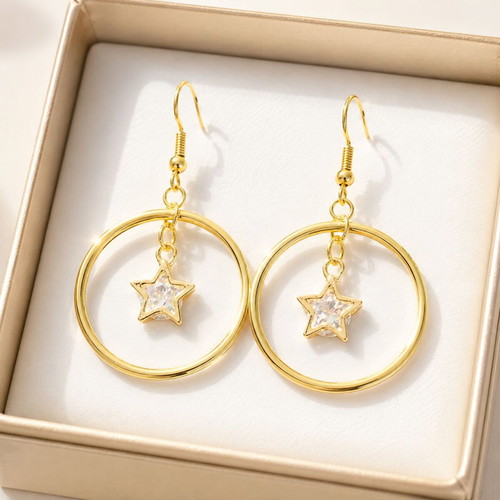 Handmade Golden Stars Earrings luxury hoops with sparkling zircon