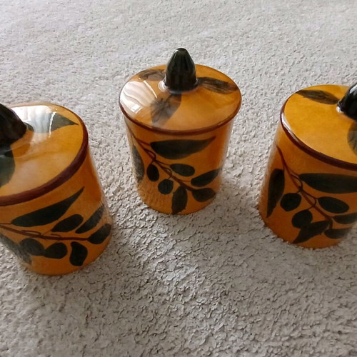 Vintage ceramic jars set of 3 with lid olive design like new