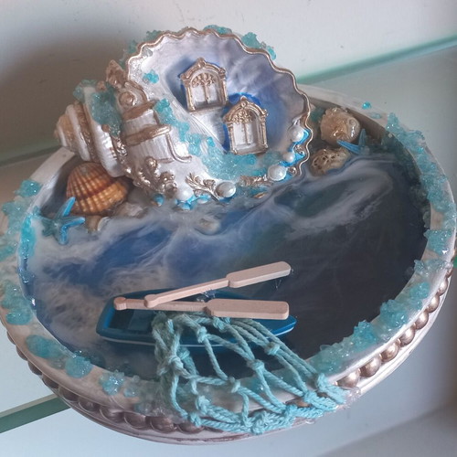 Summer decoration handmade, 17cm plate with liquid glass sea