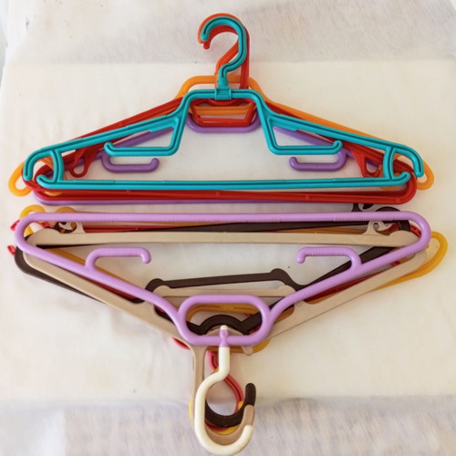 Plastic hangers used, pack of 10, large colorful
