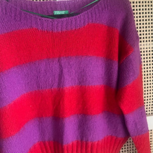 Wool striped Benetton sweater new, size S, red and purple