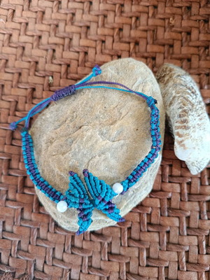 Handmade macrame bracelet with butterfly design, new, blue and purple