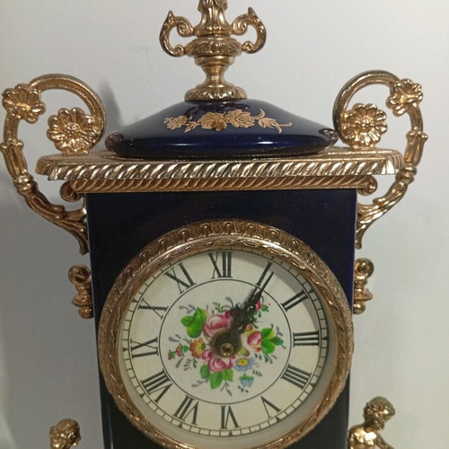 Vintage style brass and cobalt porcelain table clock
