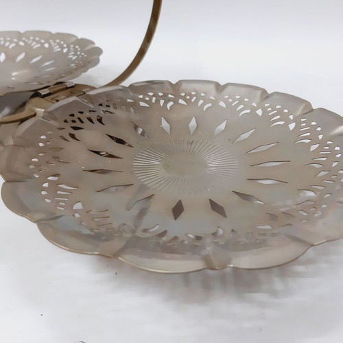 Vintage triple cake stand chrome plated with engraved plates foldable