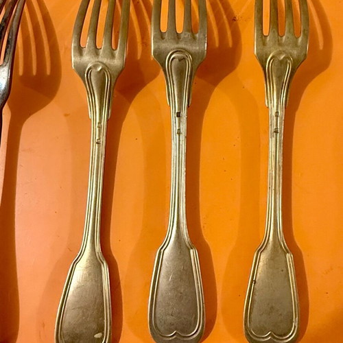Silver cutlery used, collection of 5 knives, 3 gilded, 1 fork, 2 spoons