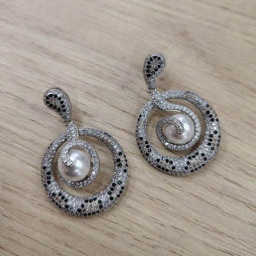 Pearl and zircon earrings, silver plated