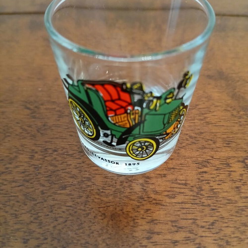 Vintage 1950s shot glass with Panhard-Levassor 1895 design like new