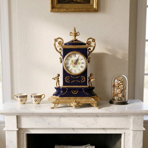 Vintage style brass and cobalt porcelain table clock