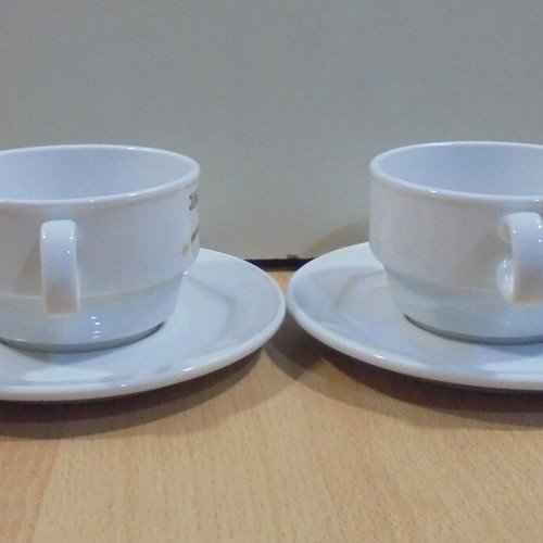 Jacobs coffee two promotional porcelain cups for cappuccino or chocolate like new with saucers