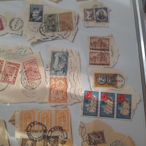Old Greek stamps on envelope cutouts used, 1930s-1950s