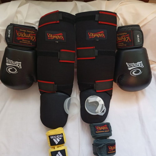 Kick Boxing set Olympus with gloves 10-OZ, shin guards, wraps & mouthguard used