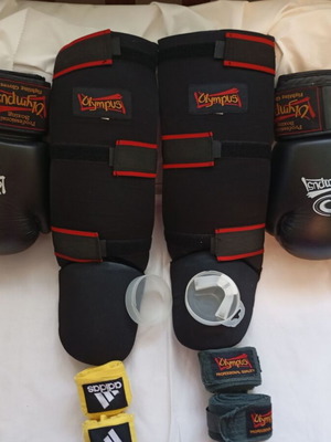 Kick Boxing set Olympus with gloves 10-OZ, shin guards, wraps & mouthguard used
