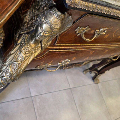 Louis XV Bombé Commode with Marquetry, Marble & Bronze Busts like new