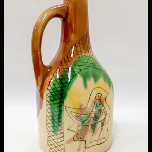 Ceramic Jug handpainted with Bird Brown Green 23 cm like new