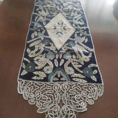 Hand embroidery new with handmade lace in blue and silver shades