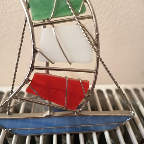 Set of 2 handmade candlesticks with stained glass sailboat design
