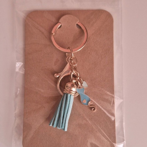 Handmade blue cat keychain with heart and tassel new