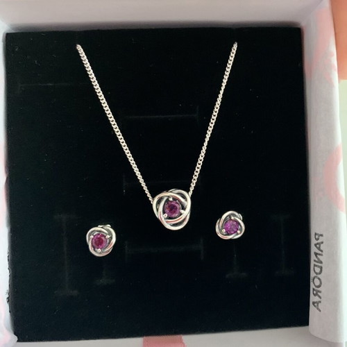 Pandora necklace and earrings set new, silver, purple