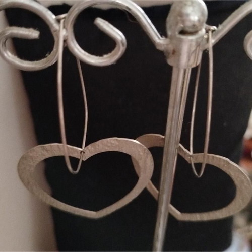 Handmade heart dangle earrings used, silver wire hoop